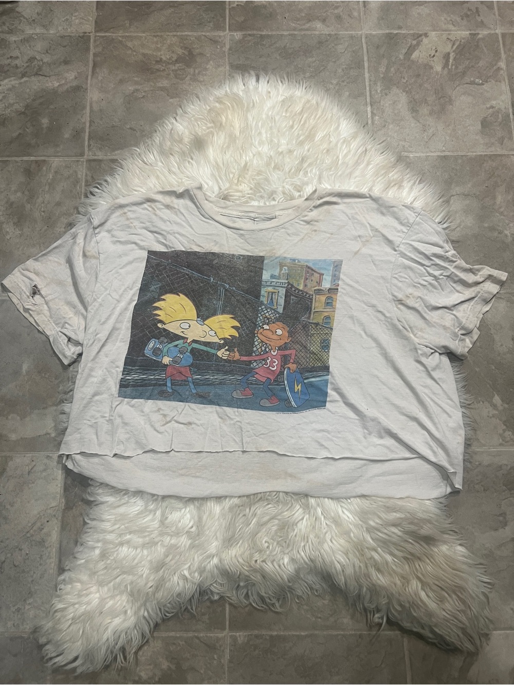 Nickelodeon Hey Arnold White Crop Short Sleeve Tee with Colorful Cartoon Graphic